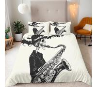 Squelette Jouant Du Saxophone Housse de Couette 3 Pièces 220x240 avec 2 Taie Oreillers 65x65 cm Microfibre Super Douce - L'art De La Mort Imprimé 3D Haute Définition,Parfait pour Adultes et Enfants