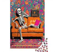 Squelette Leaning on The Leather Sofa, Listening to Music Happily || Puzzles Amusants en Famille 70x50cm/1000pcs Adultes