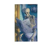 Squelette lisant un journal sur les toilettes, la cour, les drapeaux de maison, bannière de vœux de saison avec œillets, décoration d'intérieur et d'extérieur