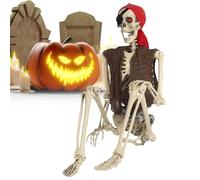 Squelette pour Halloween - Squelette de pirate avec articulations mobiles et os réalistes, décoration effrayante pour les vacances, entrée avant, magasin, fête, maison hantée