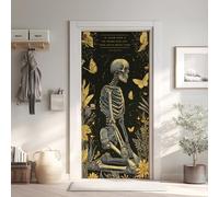 Squelette Tête De Mort Effet 3D Sticker Porte, Papillons Fleur Sauvages Papier Autocollant Porte Mural Décoration, Plante Floral Stickers Muraux Amovible PVC 95x215 cm