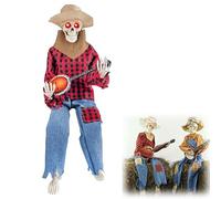 Squelettes de banjo animés, crâne lumineux pour Halloween, décoration de guitare à LED et sons effrayants (lumière rouge)