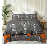 Squelettes Effrayants Halloween Housse de Couette 200 x 200 cm, Gris Illustration Moderne, Douce et Confortable Microfibre Parure de lit, Ado Adultes avec 2 Taies d'oreiller 65 x 65 cm