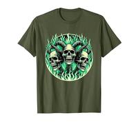 Squelettes en métal Noir Flammes Vertes T-Shirt, Homme, Olive, XL