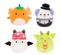 Squishmallows Lot de 4 figurines d'Halloween originales de 12,7 cm - Gabin Pumpkin Axolotl, Fitzy Goblin tenant Latte, Malcolm Bat Mushroom, Ms. K Purple Clown - Peluche officielle Jazwares (petit)