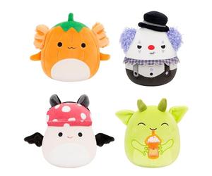 Squishmallows Lot de 4 figurines d'Halloween originales de 12,7 cm - Gabin Pumpkin Axolotl, Fitzy Goblin tenant Latte, Malcolm Bat Mushroom, Ms. K Purple Clown - Peluche officielle Jazwares (petit)