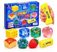Squishy Box 8 Pièces, Lot de Squishies Anti-Stress Kawaii à Retour Lent | 8 modèles fixes : fromage, fraise, beurre, pain, pomme, patte de chat et 2 cubes transparents à presser et collectionner