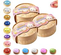 Squishy Dumpling Stress Relief for Desk & Study, Cute Glitter Fidget Sensory with Mystery Steamer Box (3 Random)