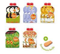 SQUIZ - FABRICATION SUISSE - Lot de 10 Gourdes Rechargeables et Réutilisables 130ml Sans BPA - Pour Compotes, Purées et Smoothies - Pour Bébé et Enfant - Collection CARNAVAL -ENTREPRISE FRANÇAISE