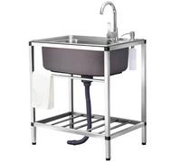 SQYHYTS 304 Évier De Cuisine sur Pied avec Étagère De Rangement,Robinets d'eau Chaude Et Froide Utilitaire 1 Compartiment Profondeur 15/16cm Évier INOX Autoportant 1,0mm pour Jardin,60 * 45 * 75cm