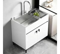SQYHYTS 50-65cm Évier De Buanderie Autonome Comprend Un Robinet Extractible Et Un Panier Égouttoir, Évier De Cuisine Pratique Avec Meuble Grand Espace De Rangement Pour Restaurant,Blanc,65*45*77cm