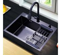 SQYHYTS Évier De Cuisine Encastré Noir 50-75cm avec Mitigeur Chaud Et Froid Extractible Évier Multifonction en Acier Inoxydable De Poste De Travail Monté sur Le Dessus Cuve Profonde,68 * 45 * 22cm