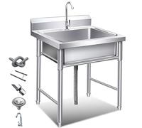 SQYHYTS Evier Restaurant Commercial Évier De Cuisine Lavabo À Une Cuve avec Robinet d'eau Froide Plonge INOX Évier Utilitaire Autoportant pour L'extérieur, Cuisine, Buanderie,0.8mm,50 * 50 * 80cm