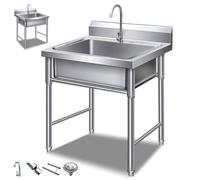 SQYHYTS Lavabo INOX Professionnel avec Robinet d'eau Froide Simple Et Accessoires Évier Utilitaire Autoportant De Restaurant Commercial Lavabo Mobile pour Aux Écoles, Jardins, Fermes,60 * 60 * 80cm