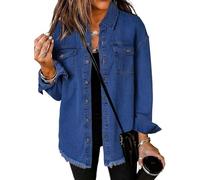 SQYZRZ 2025 New Women's Oversized Denim Jacket Button Down Frayed Hem Shacket Distressed Jean Jackets Fall Outfits (Blue-B,S)