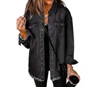 SQYZRZ 2025 New Women's Oversized Denim Jacket Button Down Frayed Hem Shacket Distressed Jean Jackets Fall Outfits (Black,S)
