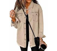 SQYZRZ 2025 New Women's Oversized Denim Jacket Button Down Frayed Hem Shacket Distressed Jean Jackets Fall Outfits (Khaki,S)