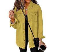 SQYZRZ 2025 New Women's Oversized Denim Jacket Button Down Frayed Hem Shacket Distressed Jean Jackets Fall Outfits (Yellow,S)