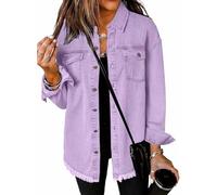 SQYZRZ 2025 New Women's Oversized Denim Jacket Button Down Frayed Hem Shacket Distressed Jean Jackets Fall Outfits (Purple-A,S)