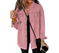 SQYZRZ 2025 New Women's Oversized Denim Jacket Button Down Frayed Hem Shacket Distressed Jean Jackets Fall Outfits (Pink-B,S)