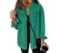 SQYZRZ 2025 New Women's Oversized Denim Jacket Button Down Frayed Hem Shacket Distressed Jean Jackets Fall Outfits (Green-A,S)