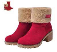 SQYZRZ 2026 New Womens Winter Boots with Fur Lined Chunky Heel Ankle Booties Warm Slip On Snow Boots Casual Waterproof Suede Shoes Comfortable Outdoor Booties (Red,36)
