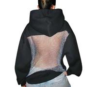 SQYZRZ 2026 New Y2K Grunge Crystal Mesh Back Hoodie Emo Women Long Sleeve Goth Oversize Sweatshirts Alt Clothes (Black,M)