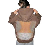 SQYZRZ 2026 New Y2K Grunge Crystal Mesh Back Hoodie Emo Women Long Sleeve Goth Oversize Sweatshirts Alt Clothes (Brown,M)