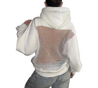 SQYZRZ 2026 New Y2K Grunge Crystal Mesh Back Hoodie Emo Women Long Sleeve Goth Oversize Sweatshirts Alt Clothes (White,S)