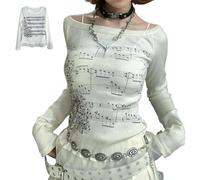 SQYZRZ Women Long Sleeve Fitted 2000s Goth Emo Music Shirt Grunge Off Shoulder Tops Teen Girls Vintage Y2k Graphic T-Shirt (White,S)