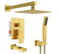 SR SUN RISE Système de douche carré en métal de 30,5 cm avec bec de baignoire, robinet de douche, pommeau de douche haute pression et pulvérisateur à main, valve incluse, or brossé