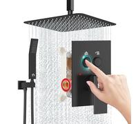 SR SUN RISE Système de douche monté au plafond avec inverseur à bouton-poussoir, pommeau de douche de luxe de 30,5 cm avec pulvérisateur à main, ensemble de robinet de douche haute pression avec valve rugueuse, noir mat