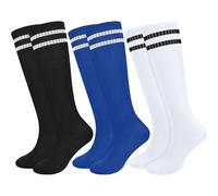 srclo Lot de 3 paires de chaussettes de football respirantes pour enfants, pour garçons, filles, jeunes juniors, course à pied, entraînement, rugby, hockey (5 à 12 ans), noir / blanc / bleu, 5-8 ans