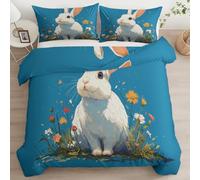 Srigzcaly Cartoon Prairie Animal Lapin Blanc Parure de Lit Bleu pour garçons et Adolescents, Douce et Respirante Housse de Couette 200 x 200 cm avec Fermeture Éclair et 2 Taies d'oreiller 65x65cm