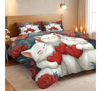 Srigzcaly Chat Cœur Dessin Animé Couette 240 x 260 cm, Couette Réversible Couverture Respirante et Super Douce pour 4 Saisons avec 2 Taies d'oreiller - pour lit 2 Personnes - Blanc