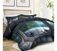 Srigzcaly Couette 200x200cm Hublot Vaisseau Spatial Vue Terre, Réversible Couette Noir 4 Saisons en Microfibre Legere et Chaud, Edredon pour Lit 1 Personnes avec 2 Taies d'oreiller 65x65 cm