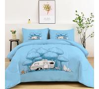 Srigzcaly Couette 220x240 Imprimée Minimaliste Forêt Camping Car Cartoon, 4 Saisons Édredon Lit 2 Personnes - Bleu Clair Réversible sans Housse, Couette 4 Saisons avec 2 Taies d'oreiller