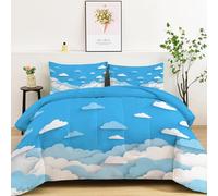 Srigzcaly Couette 4 Saisons 135x200 cm Bleu, Couette Minimaliste Ciel Bleu Nuage Blanc pour Lit 1 Personnes avec 2 Taies d'oreiller - Réversible sans Housse - Lavable en Machine