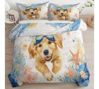 Srigzcaly Dessin Animé Golden Retriever Parure de Lit Blanc pour garçons et Adolescents, Douce et Respirante Housse de Couette 90 x 190 cm avec Fermeture Éclair et 2 Taies d'oreiller 65x65cm
