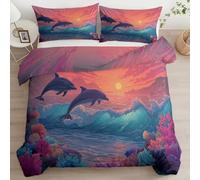Srigzcaly Housse de Couette 200x200 Adulte Enfant Anime Océan Animal Dauphin Paysage Parure de Lit 2 Personnes en Microfibre, Couché de Soleil Ensemble de Literie Décor de Chambre Gift Léger