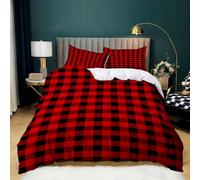 Srigzcaly Housse de Couette 200x200 cm Tartan éCossais,Parure de Lit 3 Pièces Noir Rouge en Microfibre Douce, Fermeture Éclair et 2 Taies d'oreiller 65x65 cm pour Enfant et Ado