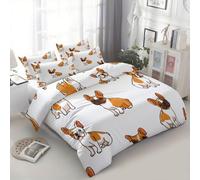 Srigzcaly Housse de Couette 260x240 cm Dessin Animé Animal Bulldog Graffiti Parure de Lit, Blanc Housse de Couette 2 Personne en Respirant Microfibre avec Fermeture éclair + 2 Taie d'oreiller 65x65cm