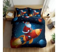 Srigzcaly Housse de Couette 90 x 190 cm Cartoon Père Noël Fusée Planète, Parure de Lit en Microfibre Adulte 1 Personne avec Fermeture Éclair - Bleu foncé Ensemble de lit 2 Taies d'oreiller 65x65cm