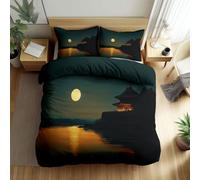 Srigzcaly Housse de Couette 90 x 190 cm Japonais Lac Temple Nuit Parure de Lit, Respirant Microfibre Noir Housse Couette 1 Personnes - Ensemble de lit avec 2 Taies d'oreiller 65x65cm