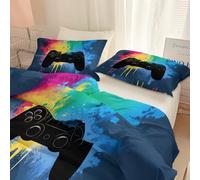 Srigzcaly Housse de Couette 90 x 190 cm Jeu Thème Graffiti Manette, Parure de Lit en Microfibre Adulte 1 Personne avec Fermeture Éclair - Bleu Clair Ensemble de lit 2 Taies d'oreiller 65x65cm