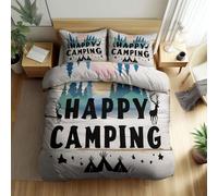 Srigzcaly Housse de Couette 90 x 190 cm Lettre Imprimé Joyeux Camping, Parure de Lit en Microfibre Adulte 1 Personne avec Fermeture Éclair - Beige Ensemble de lit 2 Taies d'oreiller 65x65cm