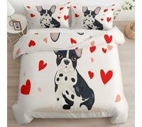 Srigzcaly Housse de Couette Cœur Romantique Bulldog Dessin Animé 260 x 240 cm + 2 taies d'oreiller, 3 Pièces Parure de Lit Réversible - Enfant Cadeau Anniversaire Fête Noël Fille Garçon, Beige
