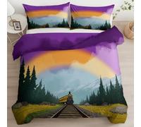 Srigzcaly Multicolore Housse de Couette 140x200 avec 2 Taies d'oreiller 65x65 cm, Locomotive Pont Arc en Ciel Parure de lit Adulte Réversible - 100% Microfibre Parure Couette 1 Personnes