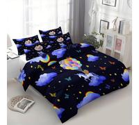 Srigzcaly Noir Housse De Couette 240X220 avec 2 Taies d'oreiller 65X65 Cm, Fantaisie Licorne Nuage Ciel Étoilé Parure De Lit Adulte Réversible - 100% Microfibre Parure Couette 2 Personnes