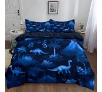 Srigzcaly Parure de Lit 260 x 240 cm Dinosaure Volcan et Plantes fantastiques Housse de Couette Microfibre 2 Personne pour Enfant Ado Fille, Bleu foncé Housse de Couette et 2 Taie d'oreiller 65x65 cm